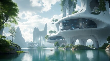 A futuristic city skyline with tall buildings, a winding river, and a bridge connecting different parts of the metropolis.