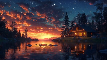 gouache illustration of night gatherings around a campfire in the village. children's silhouettes near the campfire on the background of a night house with a garland. outdoor Leisure