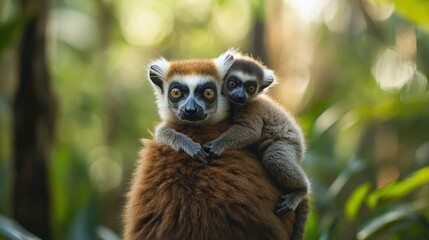 Obraz premium A charming photograph of a young lemur clinging to its mother back in a lush Madagascan forest. The lemurâ€™s playful behavior and the rich, green foliage create a heartwarming and endearing scene.