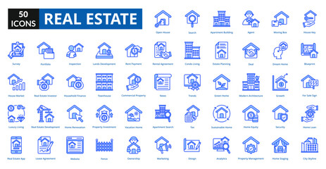 real estate blue icon set collection. house key, blueprint, for Sale Sign, home loan, city skyline, open house, search, apartment building, agent, moving box, survey
