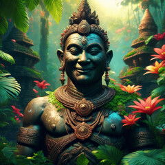 微笑みの古代像、男性的な雰囲気。ジャングルの遺跡