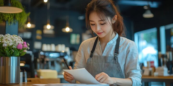 Young female barista in a cozy cafe, wearing an apron, attentively writing on a notepad. Warm lighting and a welcoming atmosphere.