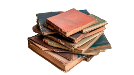 Pile of Old Vintage Books with Worn Covers and Pages Stacked Together, Antique Leather-Bound Volumes for Collectors, History, and Literary Nostalgia on White Background