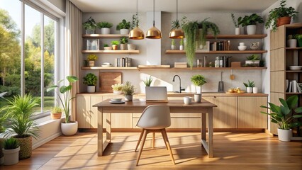 Fototapeta premium This sleek desk nestled in a stylish kitchen embraces natural light and minimalist decor, crafting a serene and functional workspace that inspires creativity.