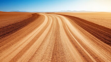 Winding dirt road through a vast desert landscape with a blue sky and distant mountains.