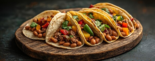Freshly made Mexican tacos with a mix of meat, beans, and bell peppers, served on a rustic wooden platter, showcasing traditional street food
