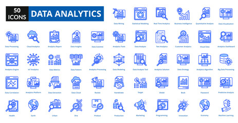 data analytics blue icon set collection. Data Visualization, Analytics Dashboard, Big Data Processing, Predictive Analysis, Machine Learning, Data Mining, Statistical Modeling, Real Time Analytics
