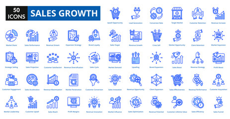 sales growth blue icon set collection. Revenue Increase, Market Expansion, Customer Acquisition, Sales Funnel, Upsell Opportunity, Lead Generation, Conversion Rate, Target Market, Customer Retention
