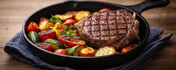 Succulent grilled beef steak served with a colorful medley of roasted vegetables in a cast iron pan, embodying the essence of American cuisine, gourmet meal concept