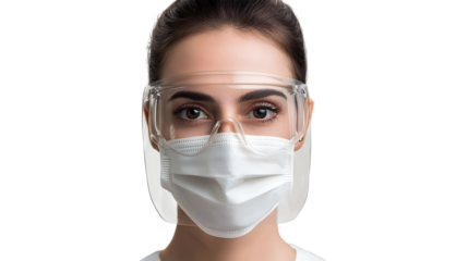 professional woman scientist wearing protective face mask and safety goggles, exuding confidence and dedication to her work in laboratory setting