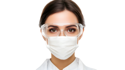 woman scientist wearing face guard mask and protective eyewear, exuding professionalism and determination in her field