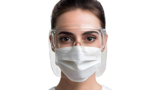 professional woman scientist wearing protective face mask and safety goggles, exuding confidence and dedication to her work in laboratory setting