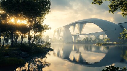 Futuristic Concrete Bridge with Arch Design Under Dramatic Cloudy Sky at Dawn