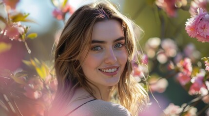 Fototapeta premium A joyful woman smiles amidst blooming cherry blossoms in a bright spring day, feeling the warmth of nature and beauty surrounding her.