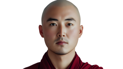 Serene close up portrait of bald monk with calm expression, showcasing tranquility and wisdom against white background