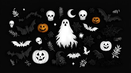 Fototapeta premium Spooky black and white Halloween silhouettes featuring pumpkins, bats, ghosts, and skeletons create hauntingly festive atmosphere. Perfect for Halloween themed designs