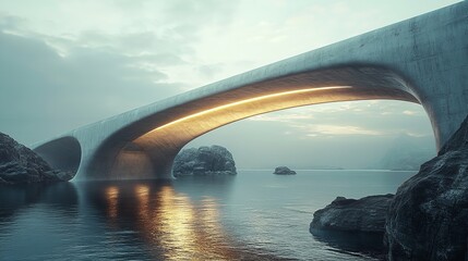 Futuristic Concrete Bridge with Arch Design Under Dramatic Cloudy Sky at Dawn