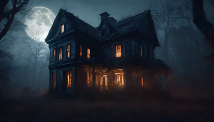 Fototapeta premium An abandoned house stands in a dark, cold Halloween night. The house has broken windows and wide open doors.
