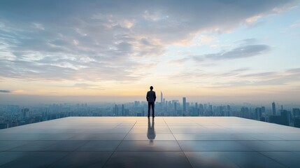 Obraz premium A person standing at the top of a skyscraper, looking out at the city, symbolizing visionary thinking.