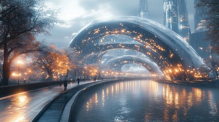 Futuristic Concrete Bridge with Arch Design Under Dramatic Cloudy Sky at Dawn