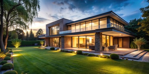 Obraz premium Under the night sky, a contemporary minimalist house stands out with its clean design, surrounded by a lush lawn, all depicted in stunning low light photography.