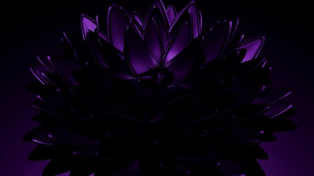Abstract lotus flower with petals made of dark purple glass and shiny om mantra symbol emerging in center. Mysterious 3D background for yoga, meditation and healing spiritual practices. 4k 60fps