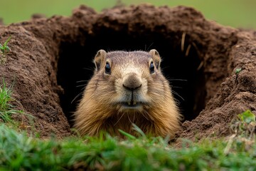 Marmot peeking out from burrow in grass
