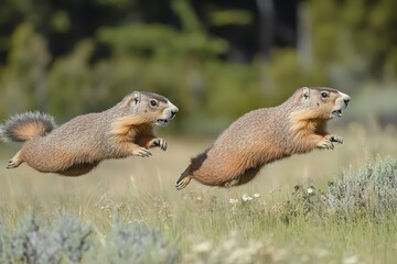 Fototapeta premium Two marmots leaping through grassy field