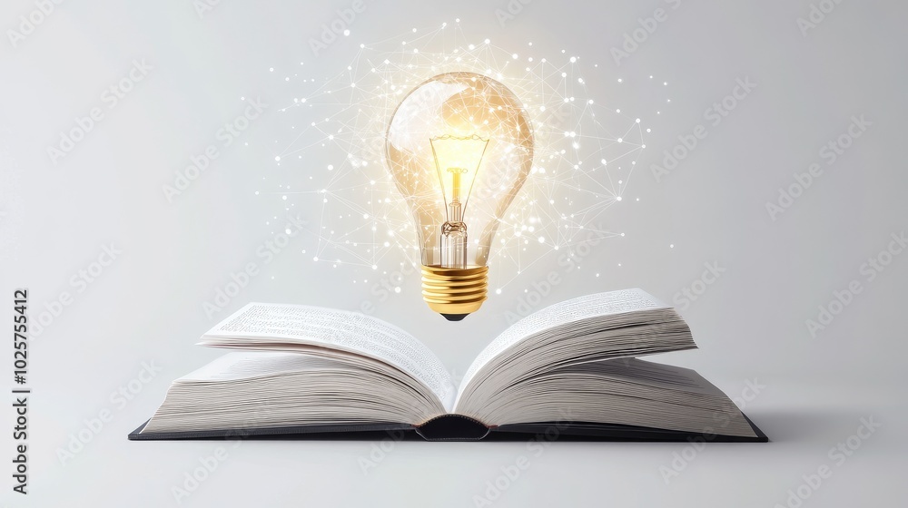 Poster a floating, glowing light bulb emerges from an open book, symbolizing tech-powered learning and inno