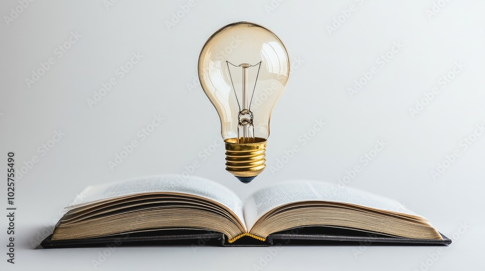 Poster a floating light bulb rises from an open book, representing the concept of education and innovation 