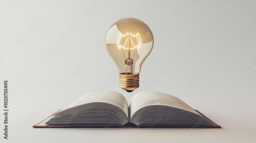 Poster a floating light bulb rises from an open book, representing the concept of education and innovation 