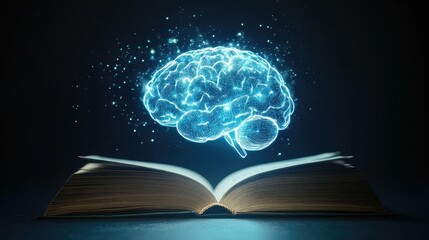 A glowing human brain created by AI rises from an open book, representing the fusion of education and technology on a minimalist background.