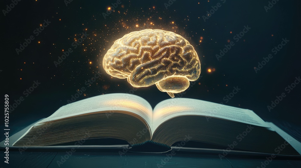 Poster a human brain, glowing and created by ai, floats from the pages of an open book, symbolizing the ble
