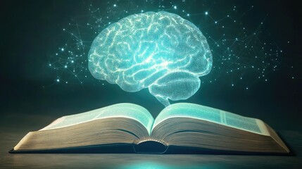 AI-generated human brain glowing and floating from the pages of an open book, representing education driven by advanced technology, on a clean backdrop.