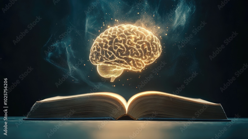 Poster an open book with a glowing human brain created by ai, floating upwards, symbolizing the intersectio
