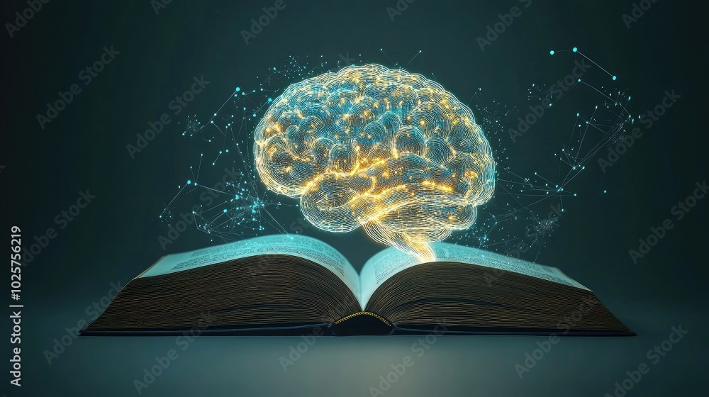 Poster floating ai-generated glowing brain emerges from an open book, illustrating the concept of tech-enha