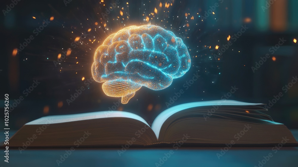 Poster floating ai-generated glowing brain emerges from an open book, illustrating the concept of tech-enha