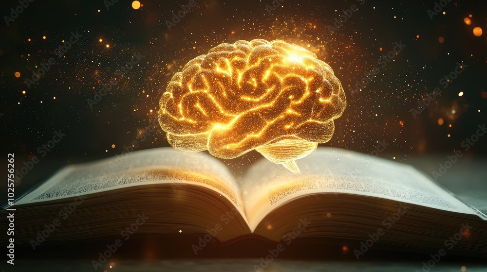 Poster floating ai-generated glowing brain emerges from an open book, illustrating the concept of tech-enha