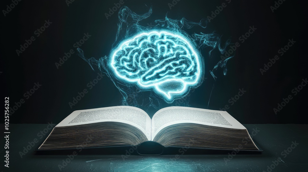 Poster floating ai-generated glowing brain emerges from an open book, illustrating the concept of tech-enha