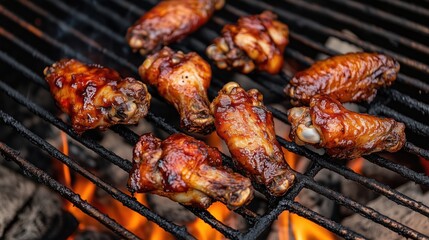 Grilled chicken wings, smoky flavor, charred texture, barbecue sauce, outdoor cooking