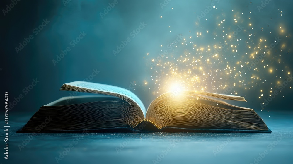 Poster floating light emerges from the pages of an open book, symbolizing the intersection of technology an