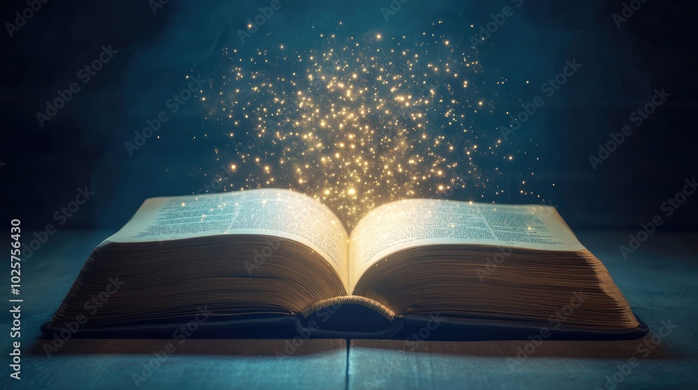 Poster floating light emerges from the pages of an open book, symbolizing the intersection of technology an