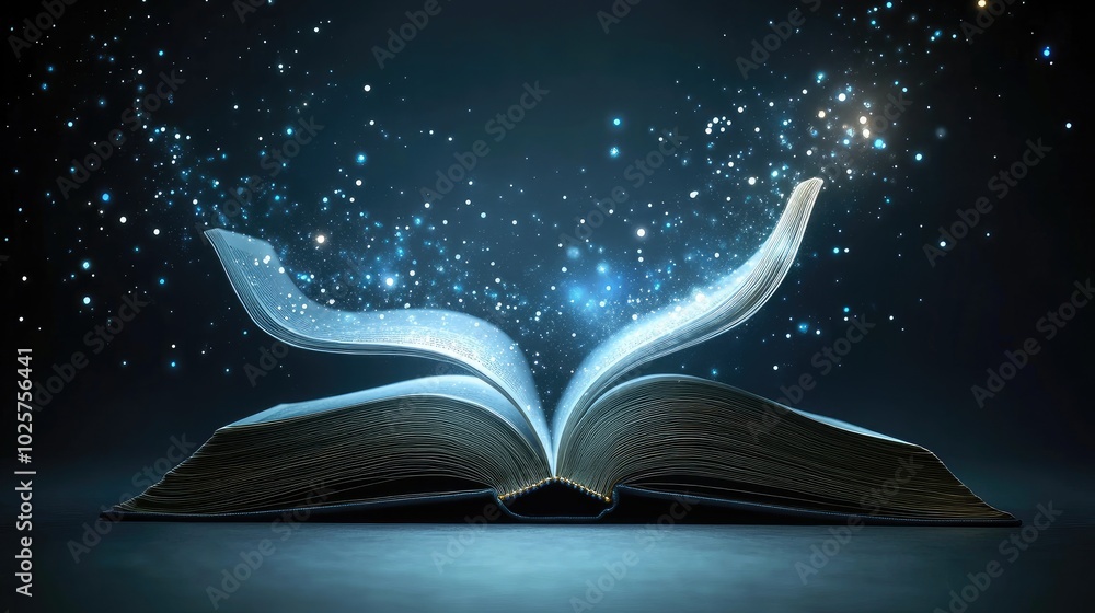 Poster floating light emerges from the pages of an open book, symbolizing the intersection of technology an