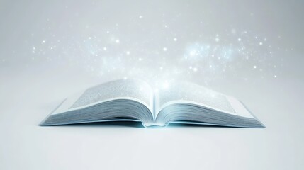 Obraz premium Floating light emerges from an open book, representing futuristic technology in education, set against a minimalist white backdrop.