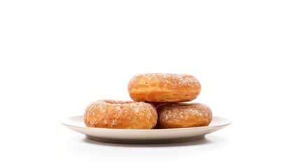 Fototapeta premium Three glazed donuts stacked on a plate, showcasing a sweet treat for enjoyment.