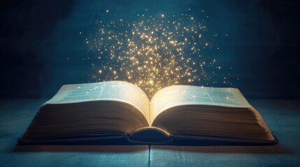 Floating light emerges from the pages of an open book, symbolizing the intersection of technology and learning, isolated on a clean background.