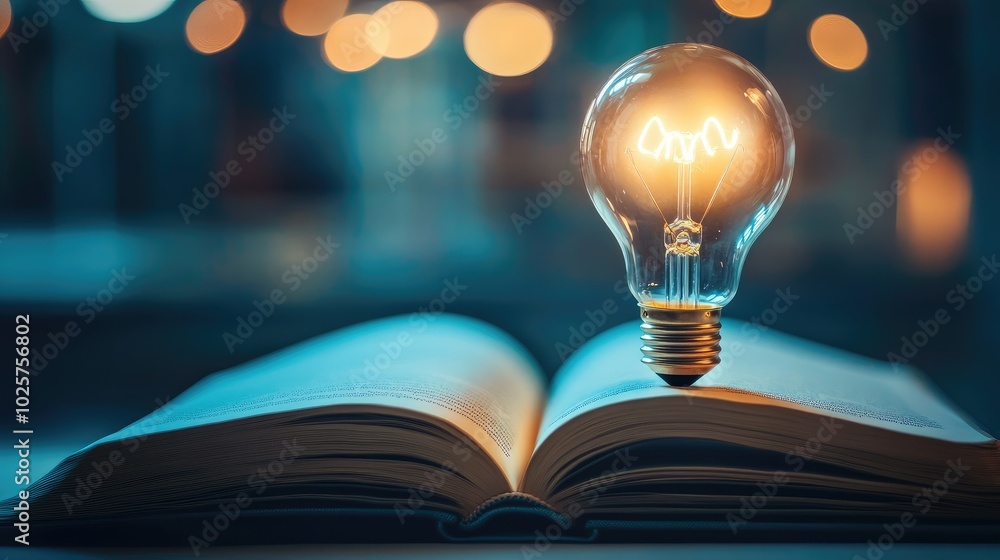 Poster glowing light bulb floats out of an open book, illustrating the concept of technology-enhanced learn