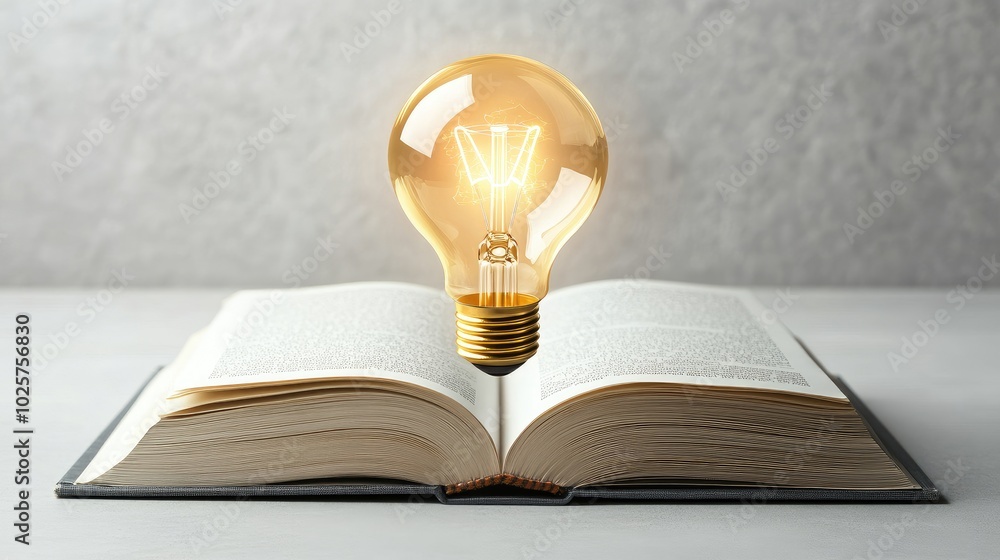Poster glowing light bulb floats out of an open book, illustrating the concept of technology-enhanced learn