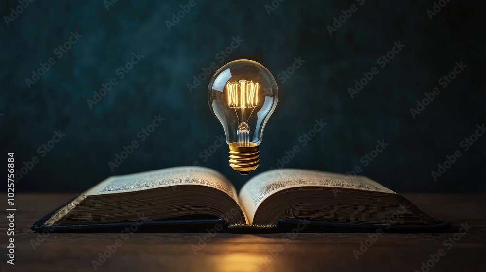 Poster glowing light bulb rises from the pages of an open book, representing the concept of education drive