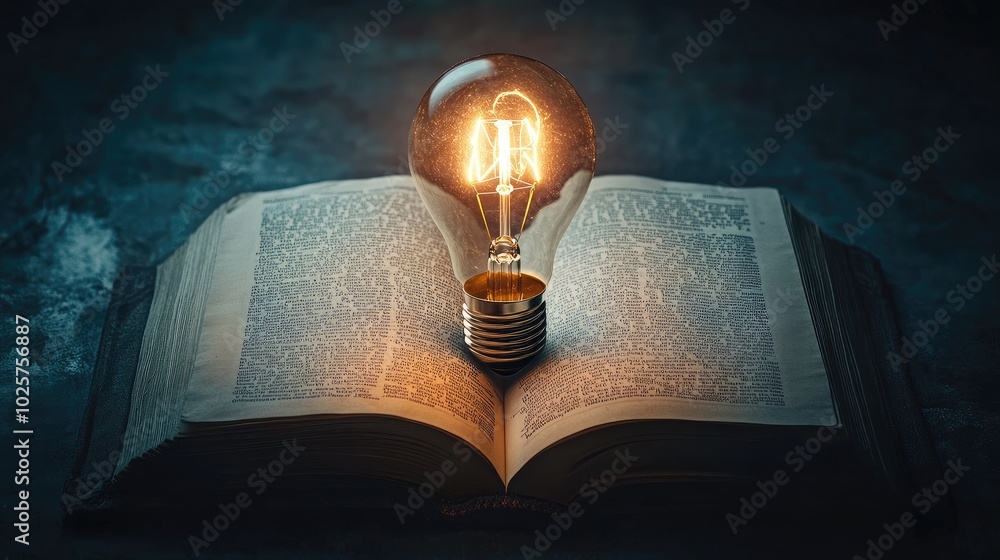 Poster glowing light bulb rises from the pages of an open book, representing the concept of education drive